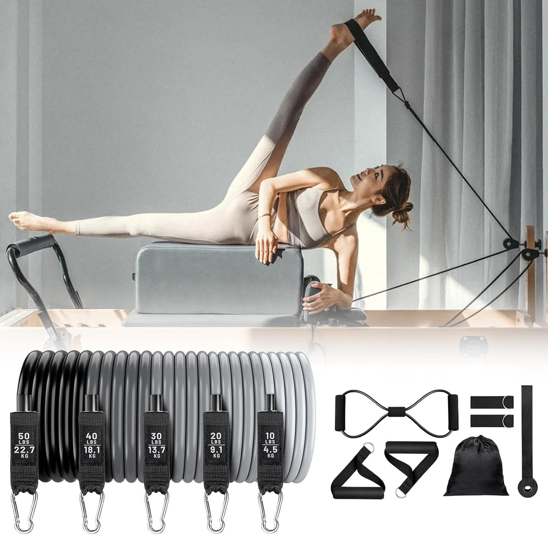 Complete Veltrix weerstandsbanden set met handvatten, anker en draagtas voor veelzijdige fitness workout.