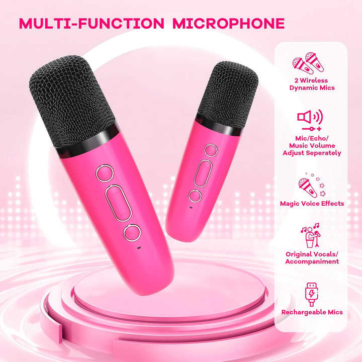 Feestklare draagbare karaoke machine met speaker en microfoons, ideaal voor entertainment.