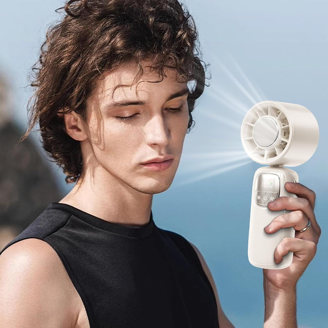 Moderne handventilator, opvouwbaar en met duidelijk LED-scherm. 100 snelheden koeling.