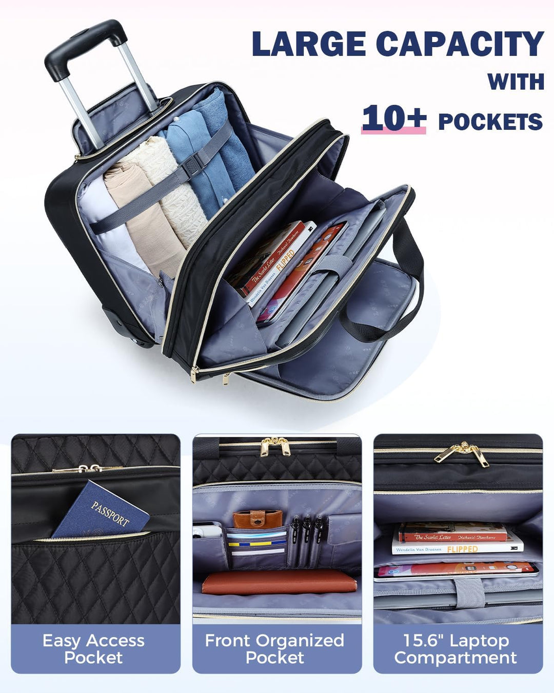 Interieur van 15.6" laptoptrolley met meerdere compartimenten voor optimale organisatie van laptop en accessoires.