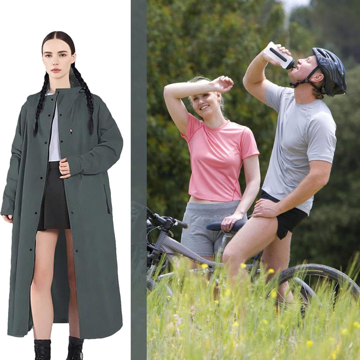 Essentiële lange regenjas voor wandelen, kamperen en outdoor avonturen, waterdicht en duurzaam.