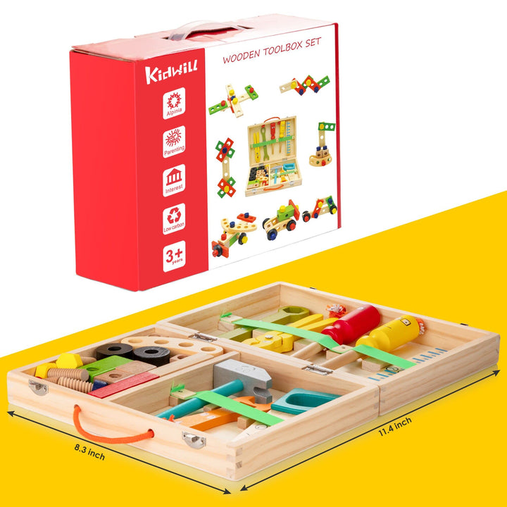 Kindvriendelijke houten gereedschapskist met diverse gereedschappen voor actieve educatie en creatief spel. Peuter/kleuter.