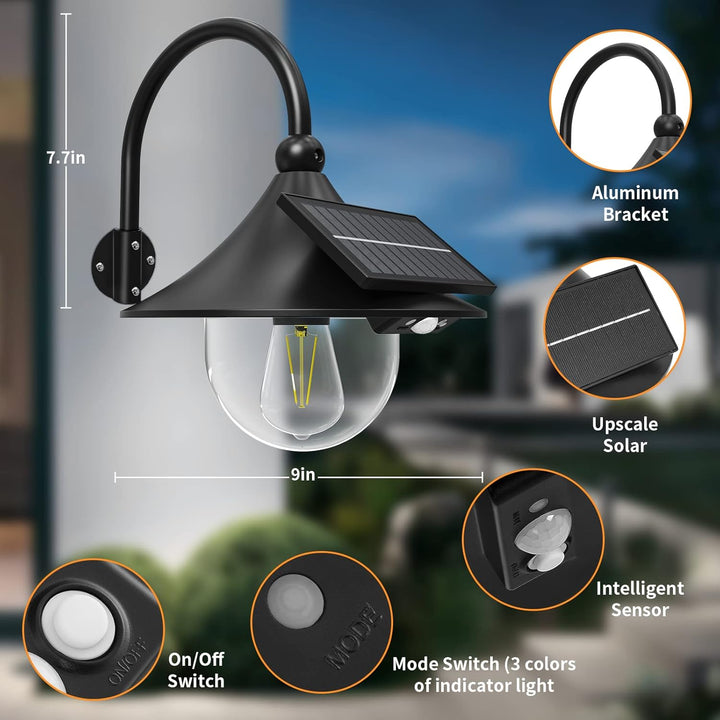 Elegante gooseneck zonnewandlampen (set van 2) met bewegingssensor. Stijlvolle en energiezuinige tuinverlichting.