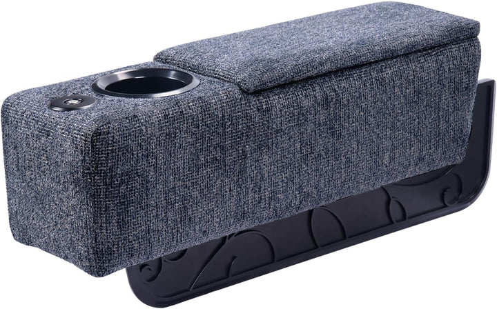 Modulux bankarmsteun: een modern woonaccessoire met draadloos opladen, bekerhouder en opbergvak voor de bank.