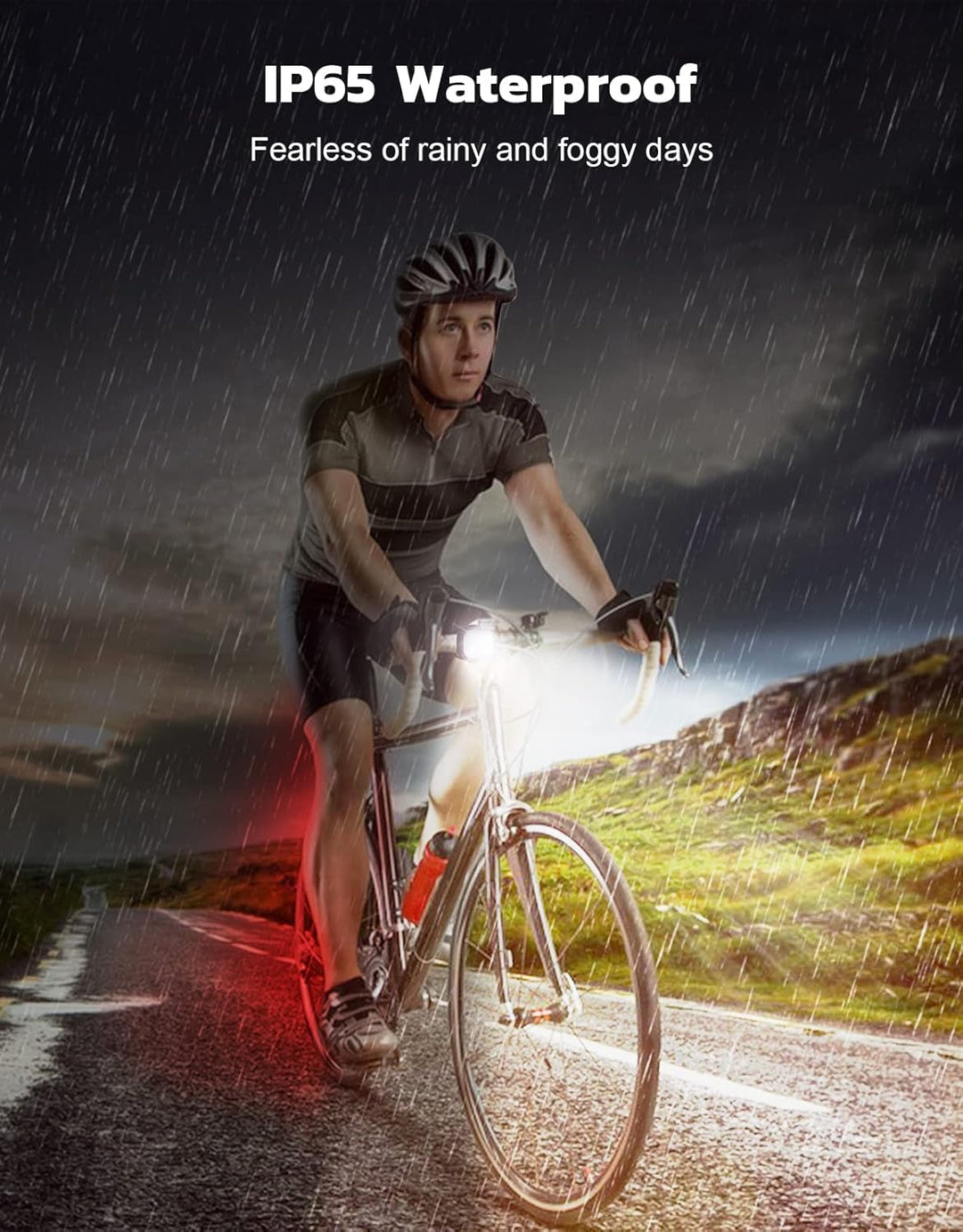 Duurzame, waterdichte Ultra Slim fietsverlichting set. USB oplaadbare LED lampen voor alle weertypen.