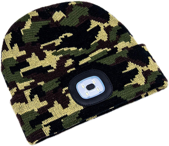 Warme unisex beanie met geïntegreerde oplaadbare LED-lamp voor winterse avonden en nachtelijke avonturen.