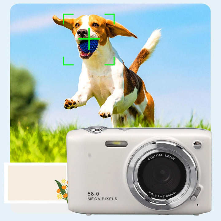 Compacte Lumora 4K camera in roze, 58MP foto's en 16x zoom, voor levendige beelden.