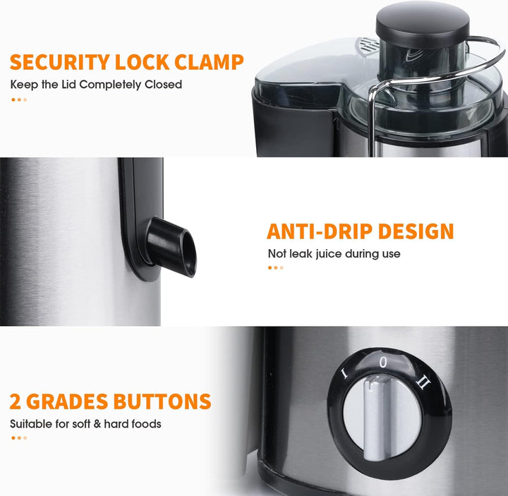 Efficiënte cold press juicer met 3 snelheden, perfect voor het persen van alle soorten fruit en groenten. BPA-vrij ontwerp.