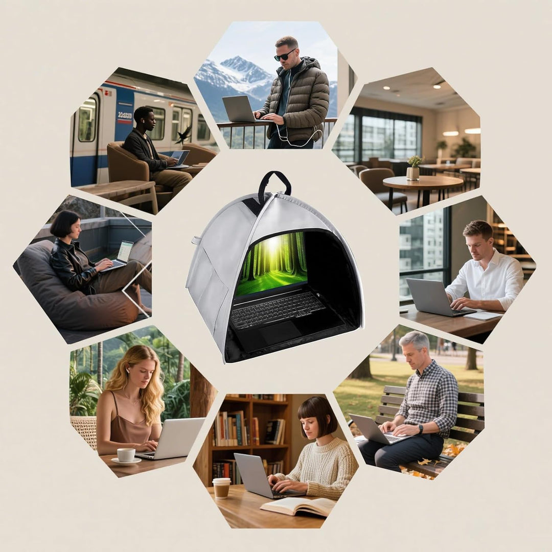 Opgezet Travory laptop zonnescherm (13-16 inch) als privacy tent voor comfortabel buiten werken.