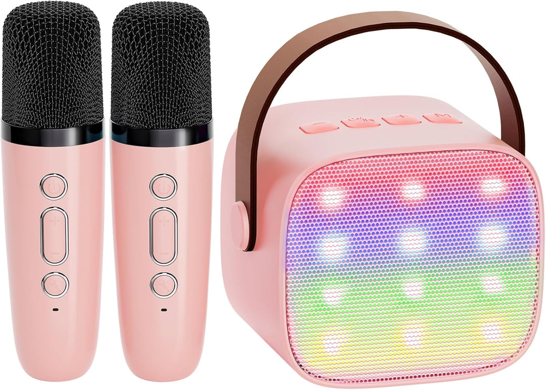 Zingen en dansen met de Veylo draagbare Bluetooth karaoke machine en dubbele mics.