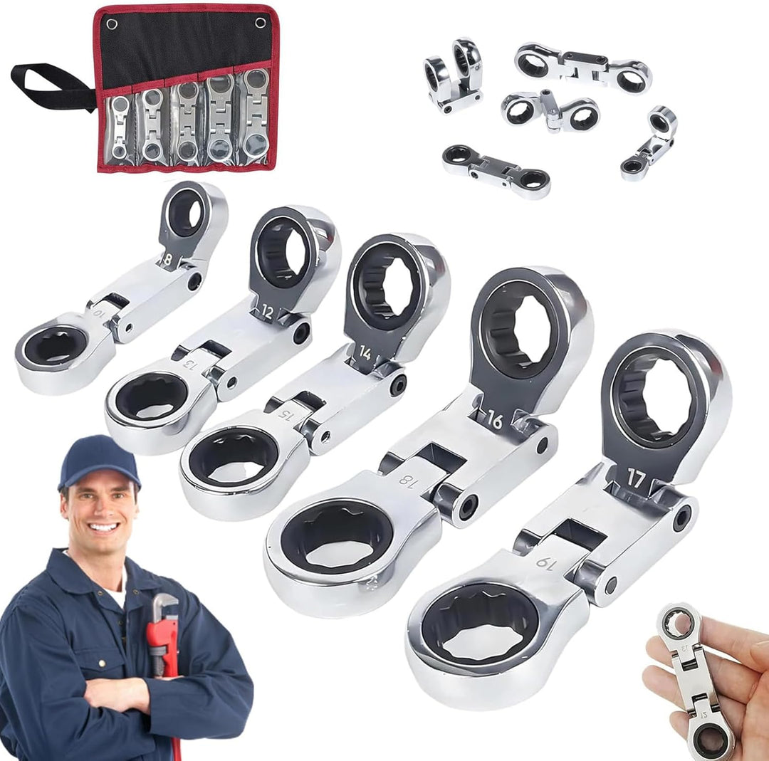Universele flexkop ratelmoersleutel voor snelle en efficiënte reparaties, compact en duurzaam staal gereedschap.