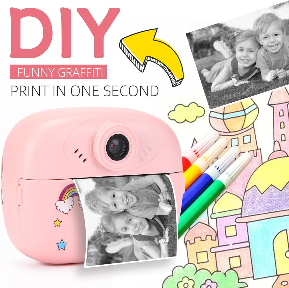 Kindercamera met directe thermische afdrukfunctie voor instant foto's. Stimuleert creativiteit & kinderfotografie.