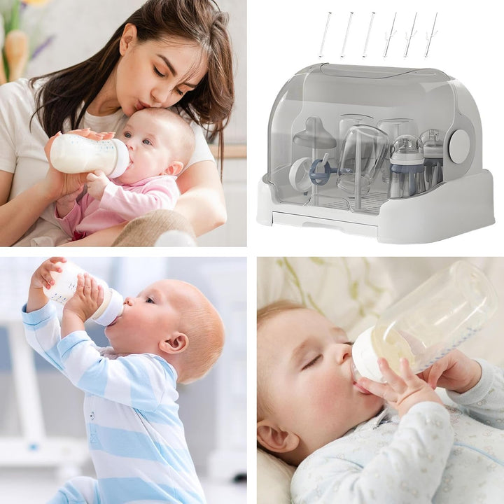 Praktische keukenorganizer voor babyflessen, compact ontwerp met droogrek en afgesloten opbergdoos.