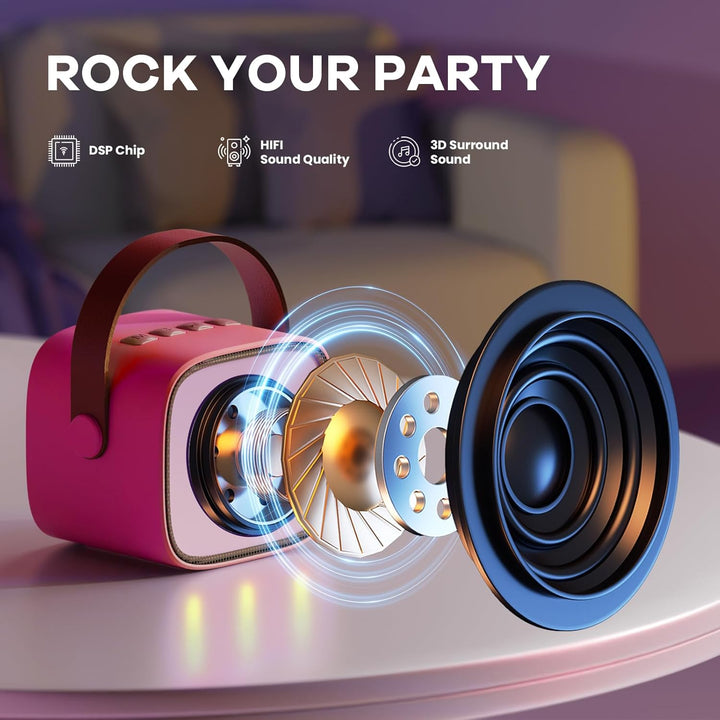 Compacte Bluetooth karaoke set voor kinderen en volwassenen; inclusief twee draadloze microfoons.