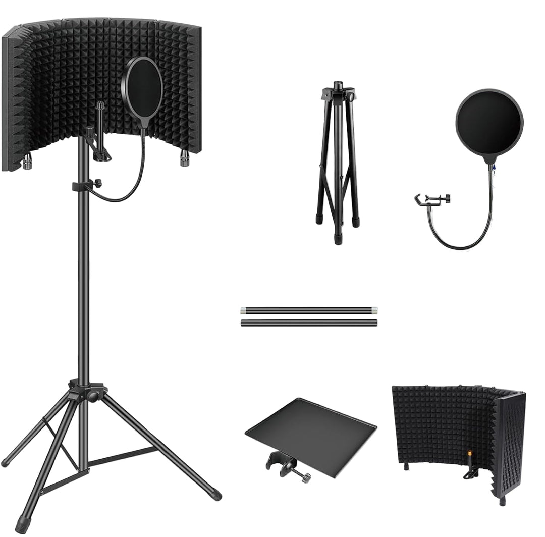 Vouwbaar akoestisch opnamescherm met statief, garandeert professionele microfoonisolatie in elke studio.