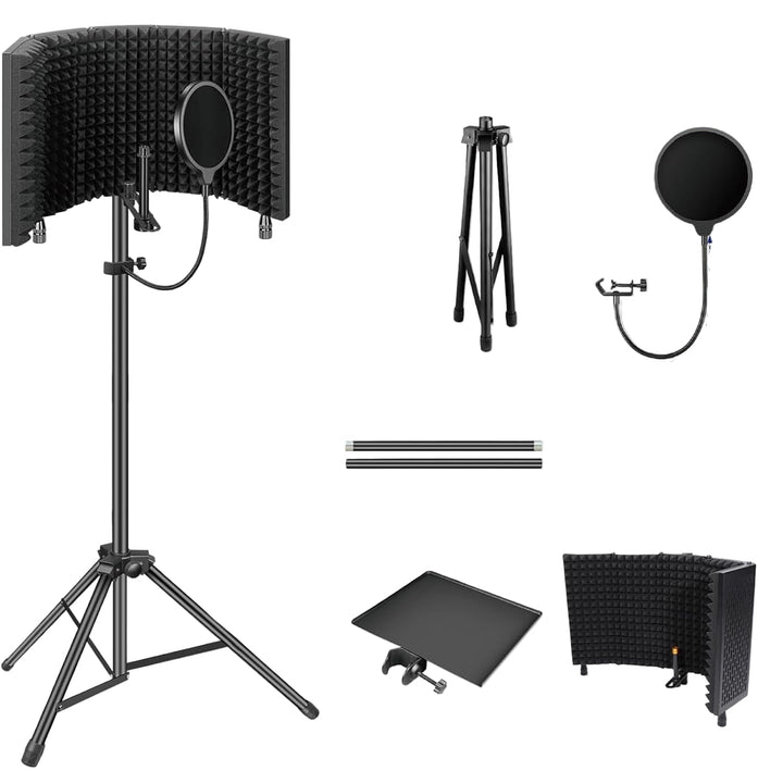 Vouwbaar akoestisch opnamescherm met statief, garandeert professionele microfoonisolatie in elke studio.