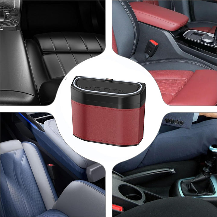 Luxe auto prullenbak van duurzaam microvezelleer, zwart, met geurdichte sluiting en touch LED licht.