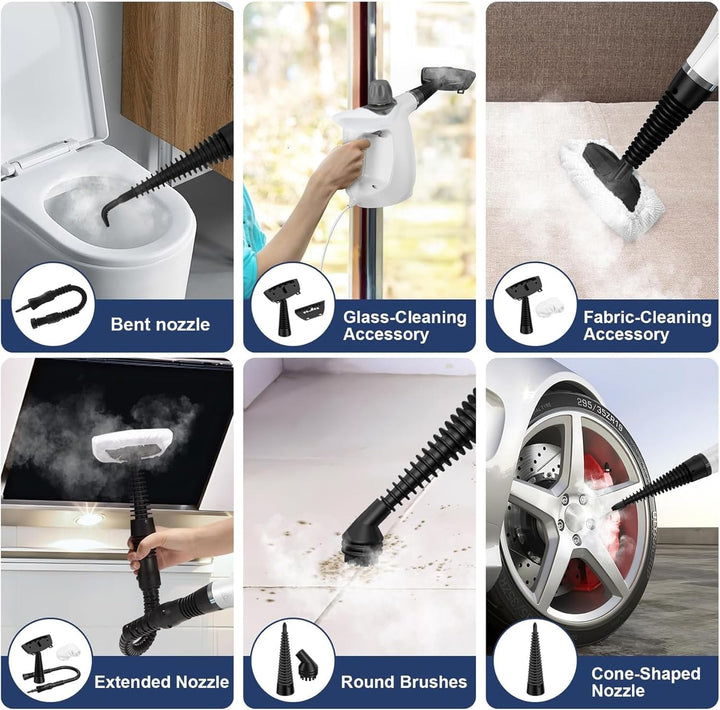 Compacte Valtira stoomreiniger voor diepe reiniging van auto-interieur, stoelen en velgen.