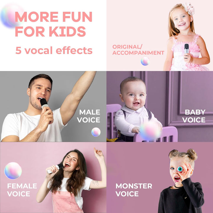 Compacte Veylo draagbare karaoke speaker met twee draadloze microfoons; ideaal voor reizen.