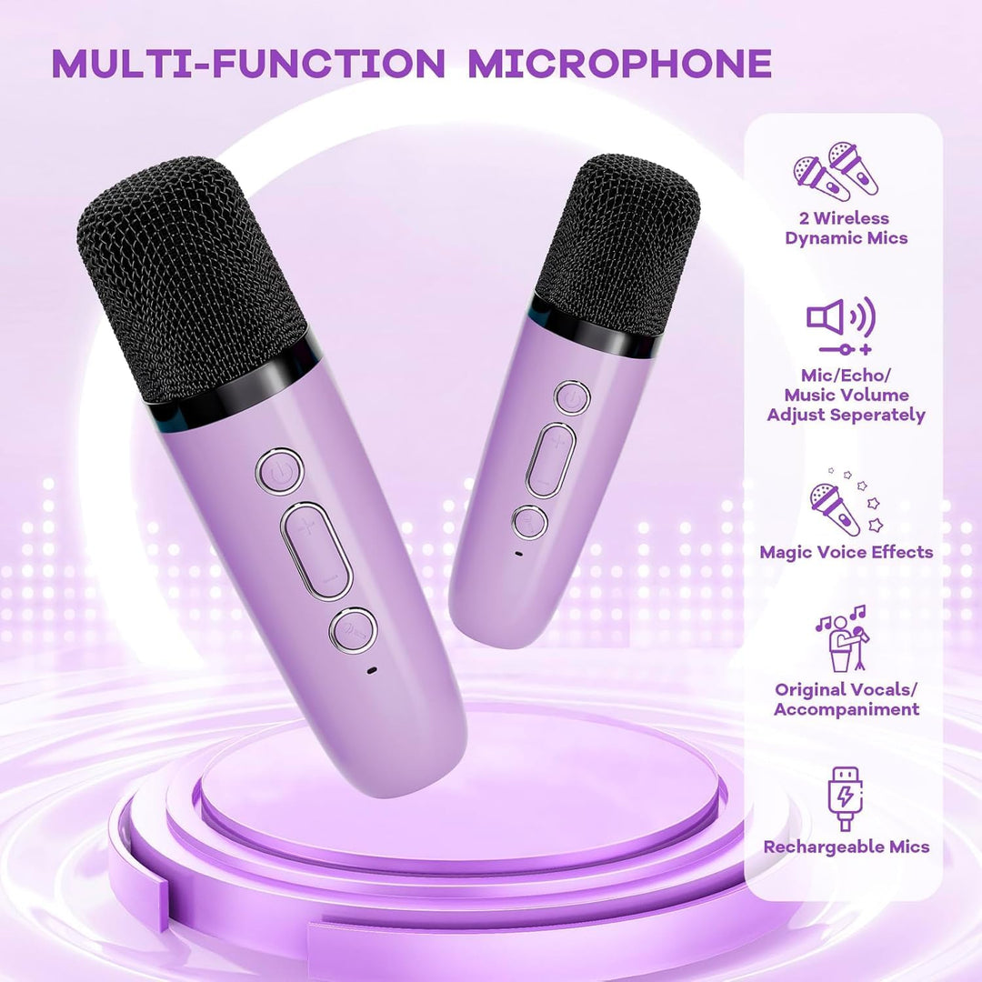 Muzikaal cadeau: Veylo mini karaoke machine met draadloze microfoons voor uren zangplezier.