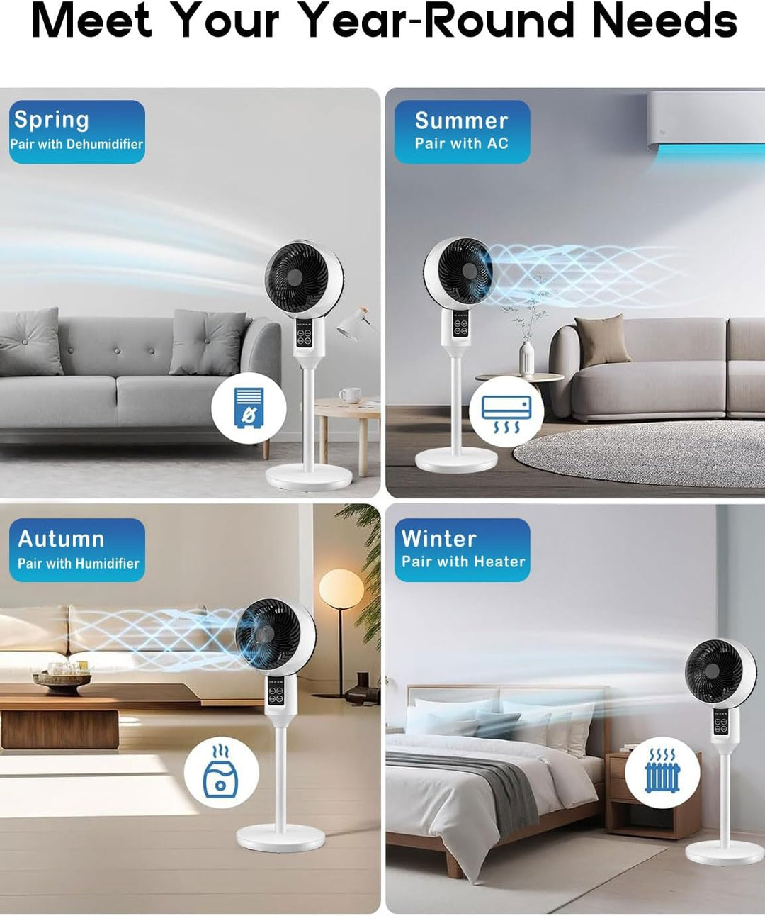 Detailopname van de Aerion staande ventilator: intuïtieve bediening en 3D-oscillatie voor optimale verkoeling thuis.
