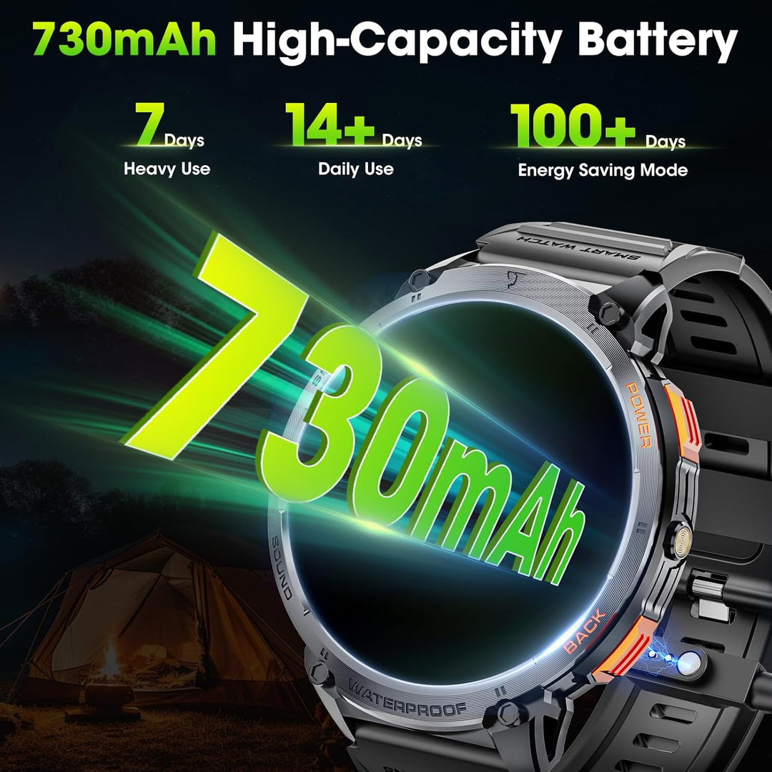 Stijlvolle militaire heren smartwatch, functioneel voor sport en dagelijks gebruik met groot display.