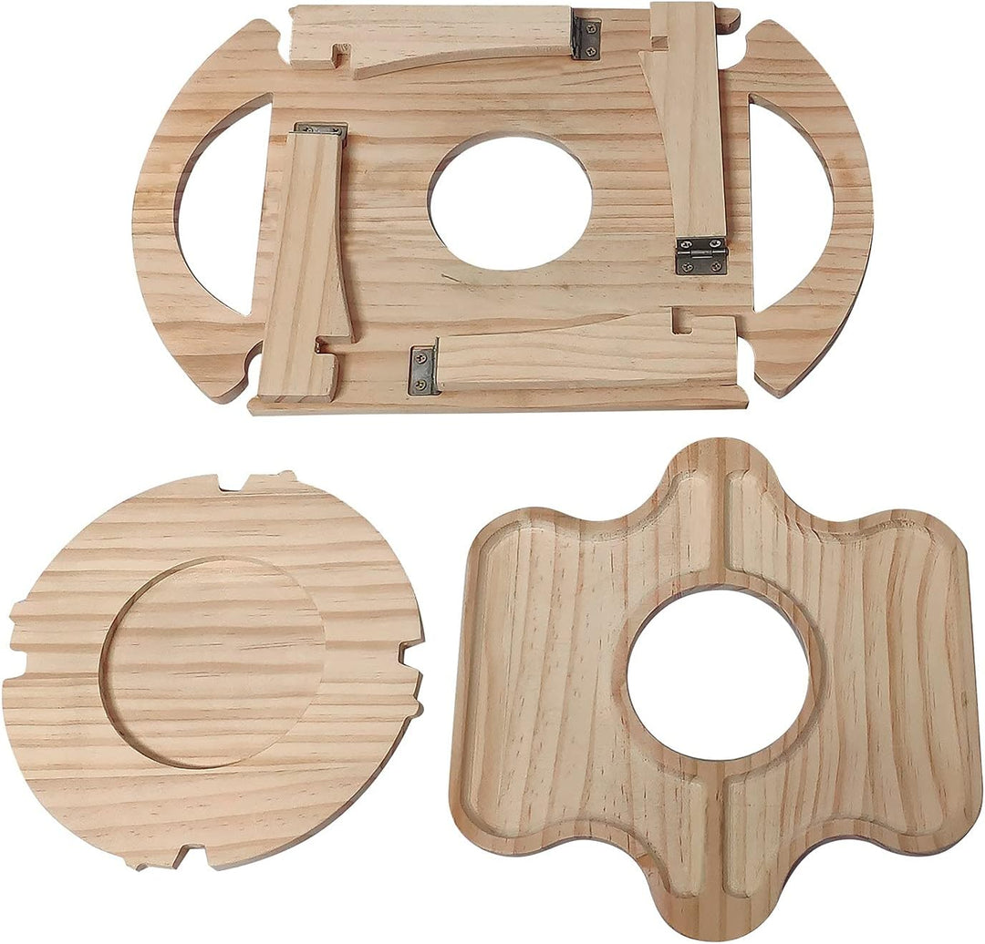 Draagbaar houten buitenrek voor wijnflessen en fruit, handig voor elke picknick of tuinfeest.