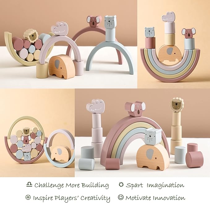 Natuurlijke houten speelset voor kinderen, ondersteunt creatieve ontwikkeling en educatief leren op Montessori wijze.