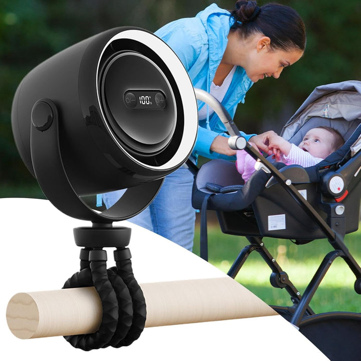 USB kinderwagenventilator, draagbaar, met klem en ingebouwd nachtlampje voor comfort onderweg.