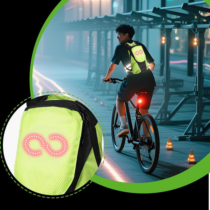 Compacte LED veiligheidsrugzak voor festivals, fietsers en scooterrijders.