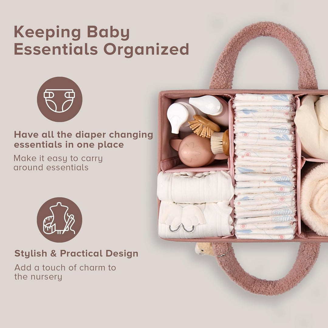 Elvoria sherpa luiertas caddy, comfortabele pluche organizer voor babybenodigdheden.