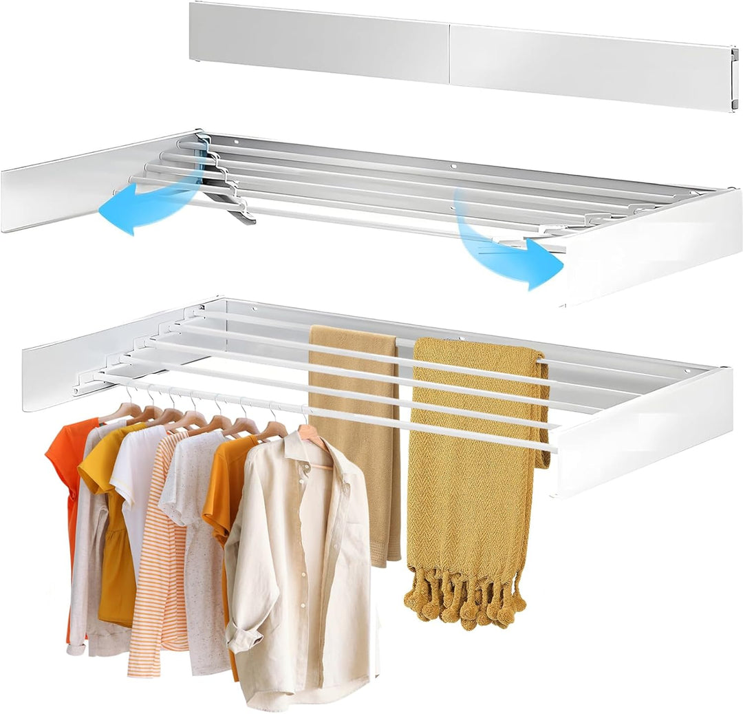 Wit wandgemonteerd kledingdroogrek, vouwbaar en ruimtebesparend wasrek voor wasruimte of balkon.