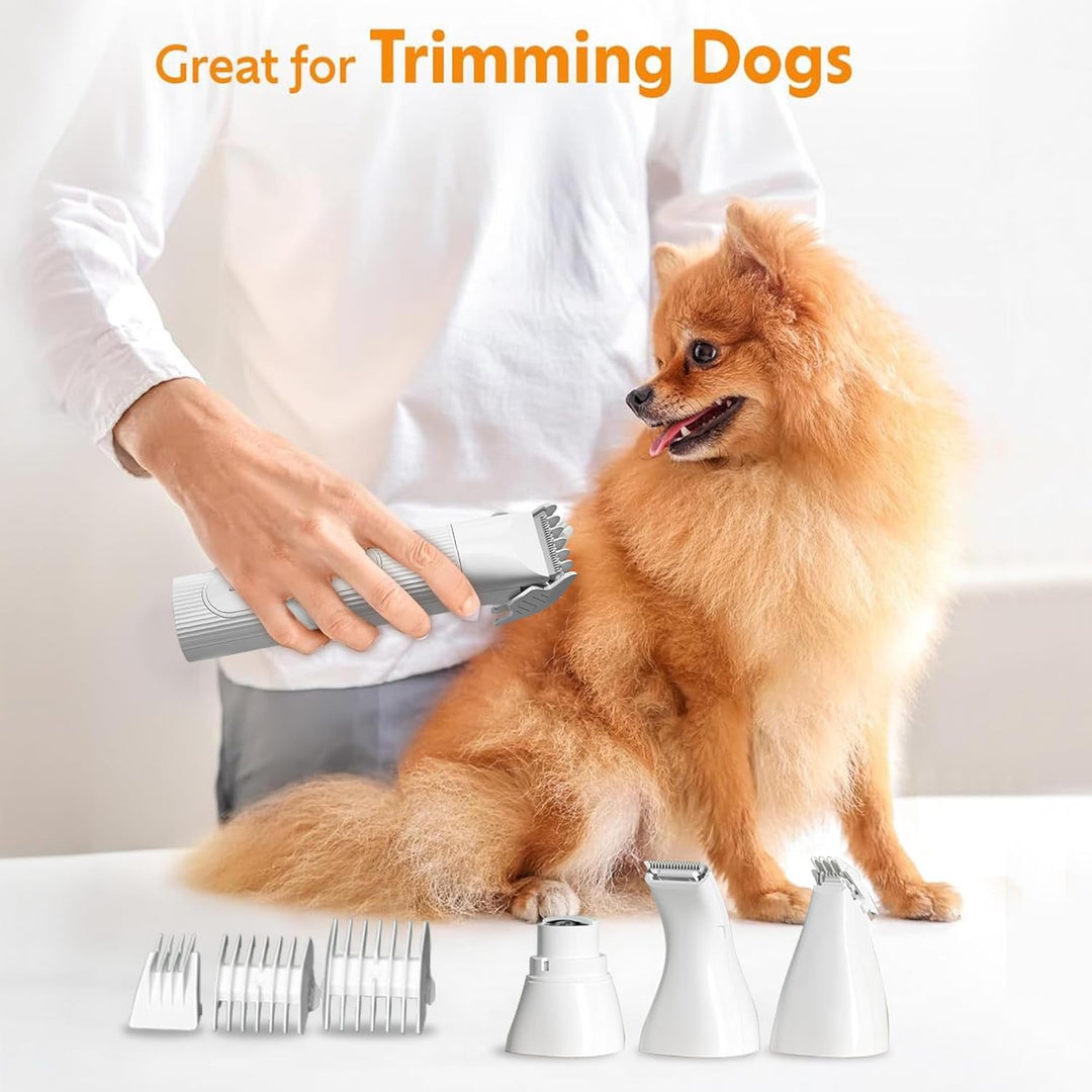 Stille Velporo dierenverzorgingsset: 4-in-1 draadloze trimmer, scheerapparaat en nagelvijl voor een blije viervoeter.