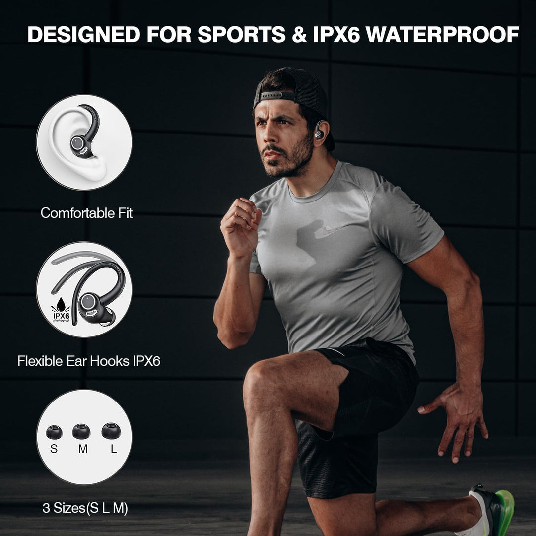 Detailfoto van de Zeyora Bluetooth 5.3 sportoordopjes, met ergonomisch in-ear design en lange batterij.