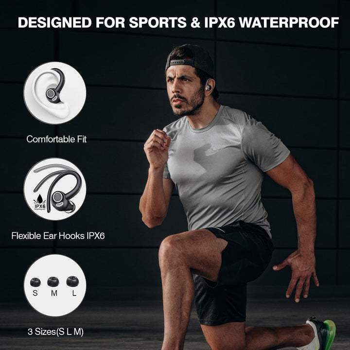 Detailfoto van de Zeyora Bluetooth 5.3 sportoordopjes, met ergonomisch in-ear design en lange batterij.