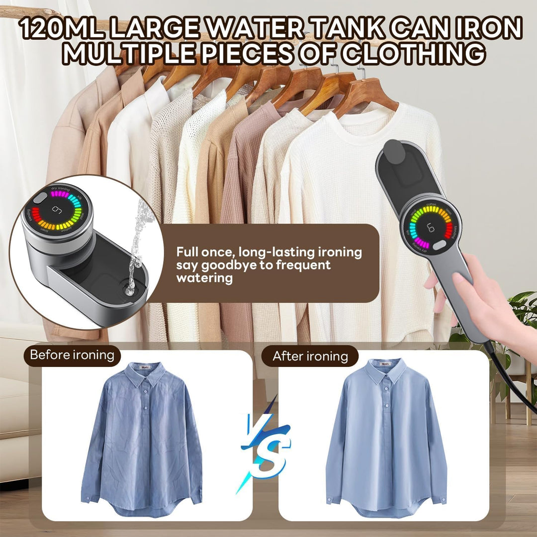 Elegant zilveren draagbaar reisstoomstrijkijzer 1200W, perfect voor snelle, kreukvrije kledingverzorging.