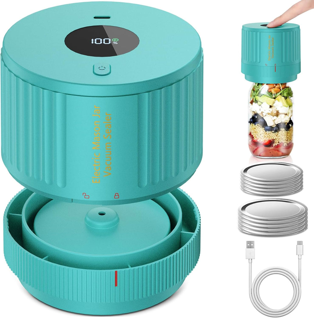 Compacte elektrische vacuümsealer voor Mason jars, ideaal voor voedselopslag en conserveren in de keuken.