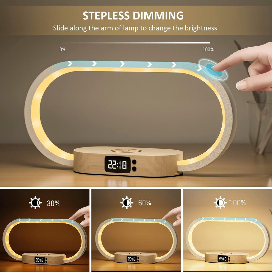 Multifunctionele dimbare bedlamp met draadloze telefoonoplader en heldere klokdisplay, perfect voor nachtkastje.