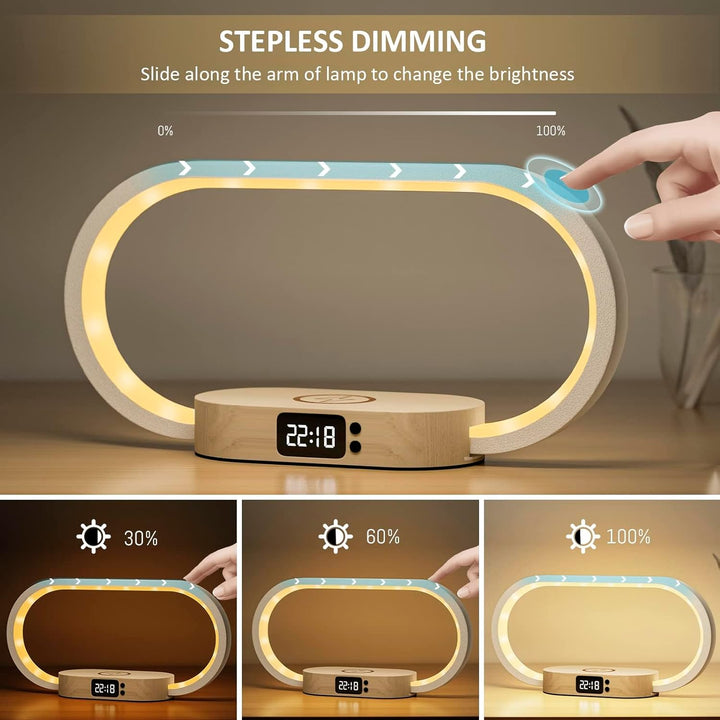 Multifunctionele dimbare bedlamp met draadloze telefoonoplader en heldere klokdisplay, perfect voor nachtkastje.