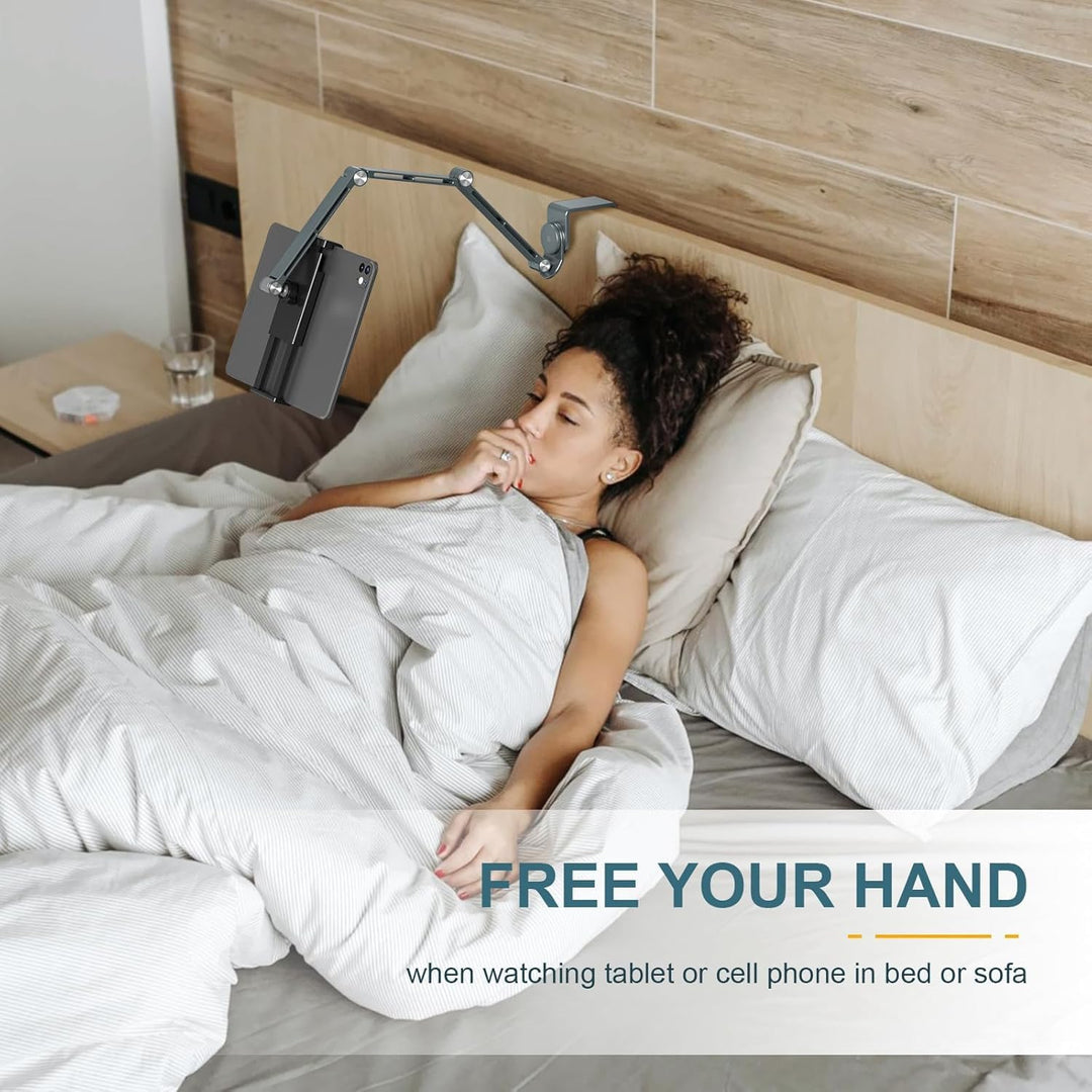 Ergonomische aluminium tablet standaard, makkelijk verstelbaar voor comfortabel gebruik thuis.