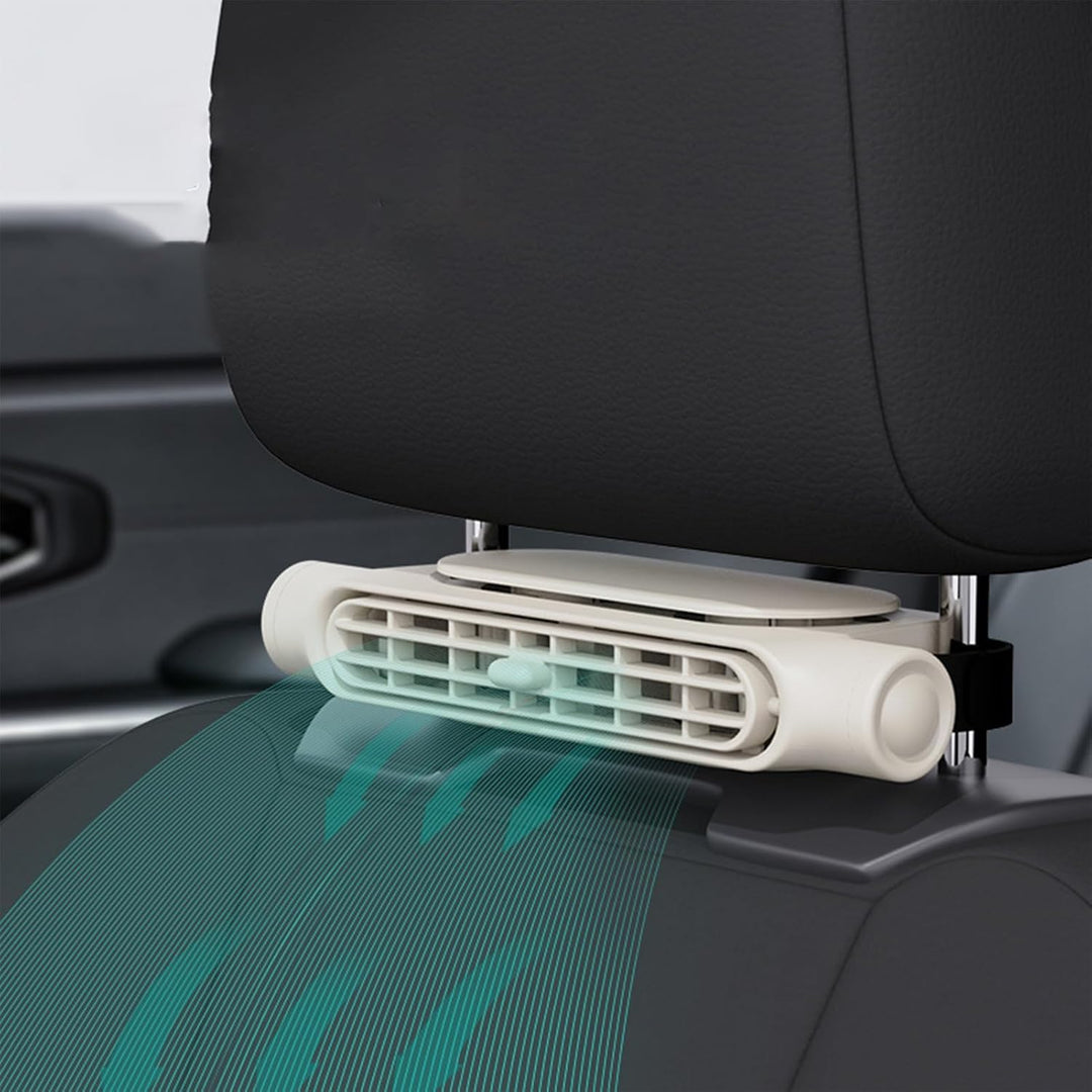 Set van 2 USB auto koelventilatoren met hoofdsteun bevestiging, voor autocomfort en zomerse verkoeling.