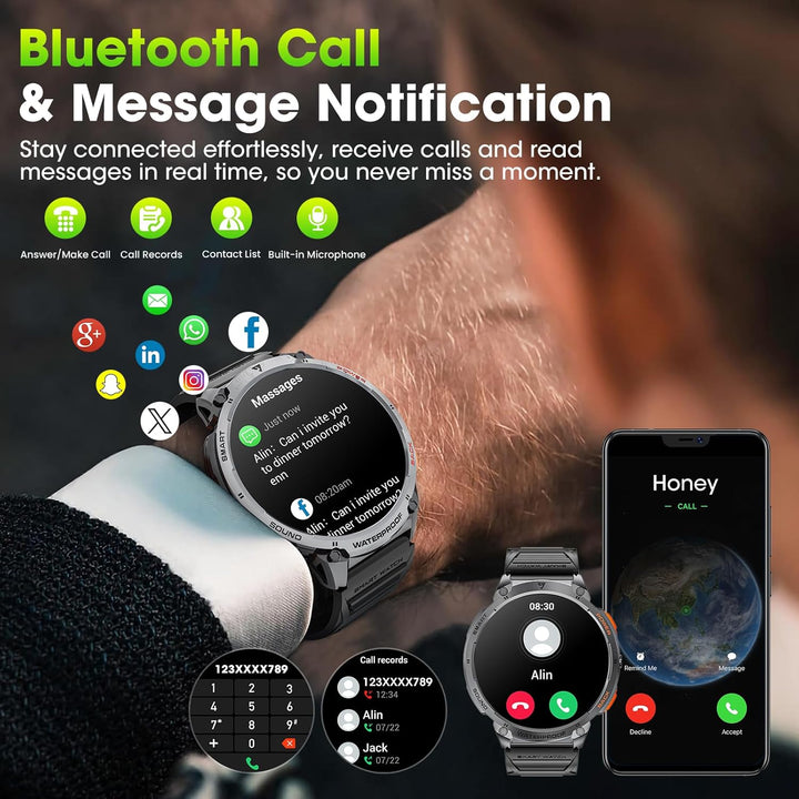 Gezondheidstracker: militaire smartwatch heren met stappenteller, calorieënteller en slaapanalyse.