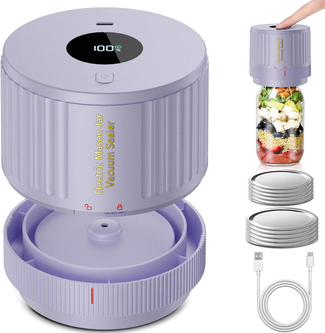 Close-up van de elektrische vacuümsealer, aangesloten op een Mason jar voor efficiënte conservering.