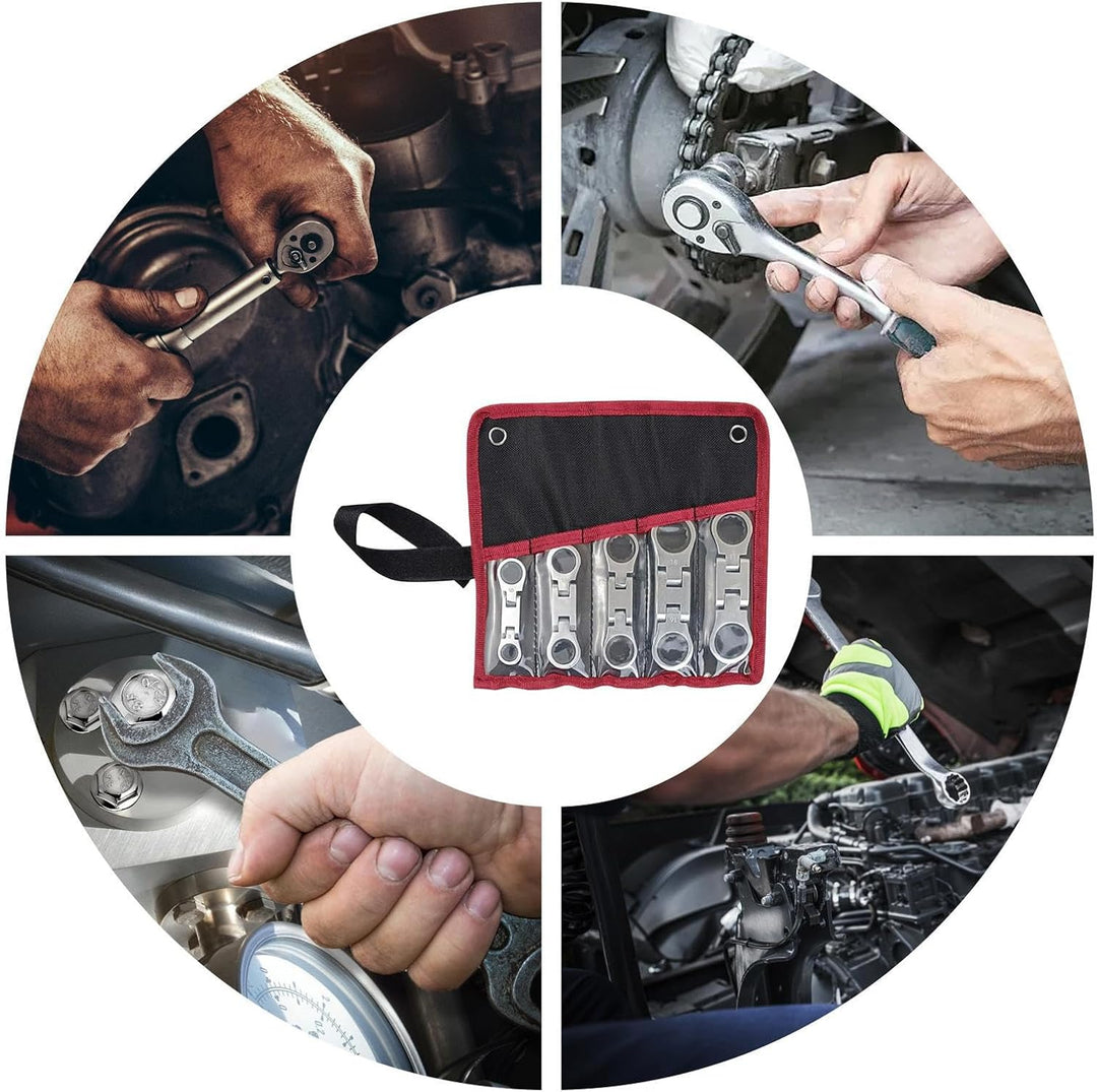 Compacte stalen ratelmoersleutel set met flexkop, essentieel gereedschap voor doe-het-zelf en auto reparatie.
