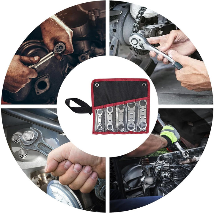 Compacte stalen ratelmoersleutel set met flexkop, essentieel gereedschap voor doe-het-zelf en auto reparatie.