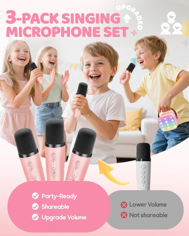 Kindvriendelijke draagbare karaoke machine met Bluetooth speaker en dubbele microfoons.