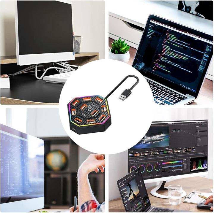 Detail van wit Lumora USB-C dockingstation, 13 poorten, met focus op aansluitingen en RGB-streep.