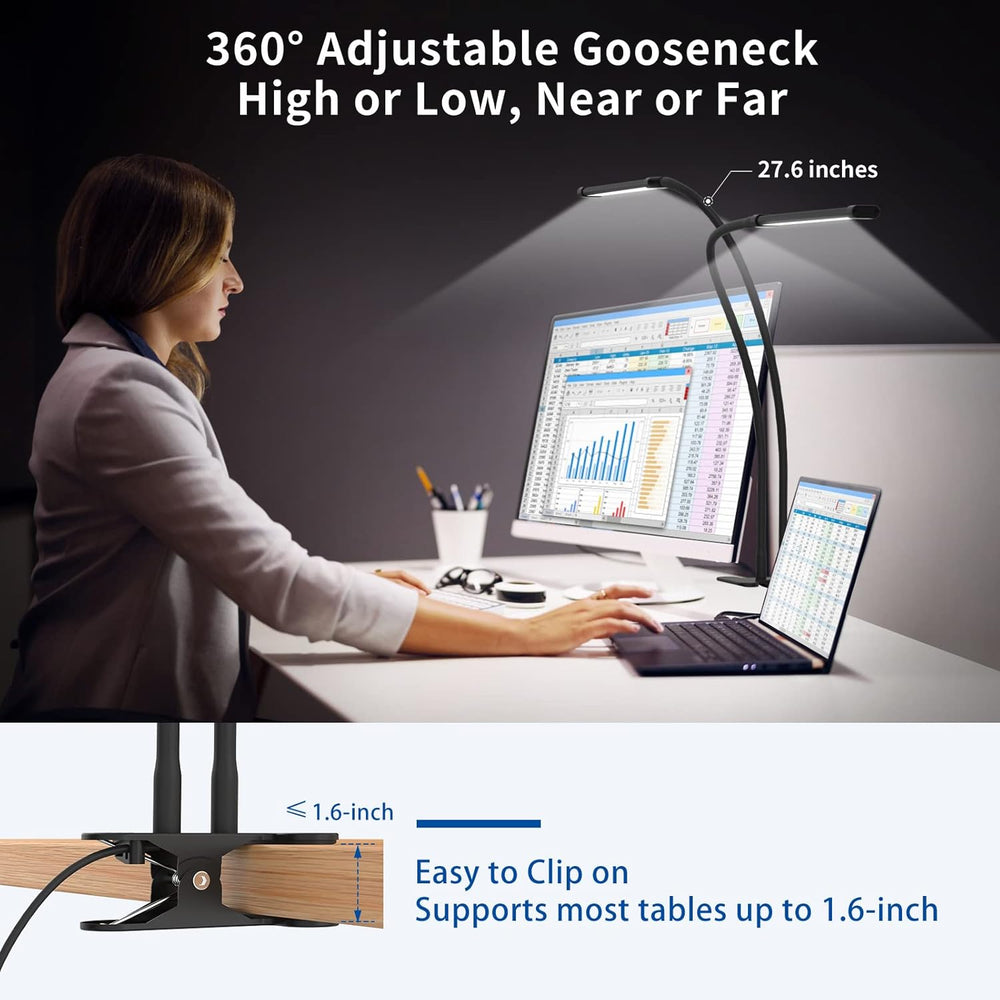 Verstelbare klem bureaulamp met 70cm flexibele hals voor optimale lichtpositie. Energiezuinige leeslamp.