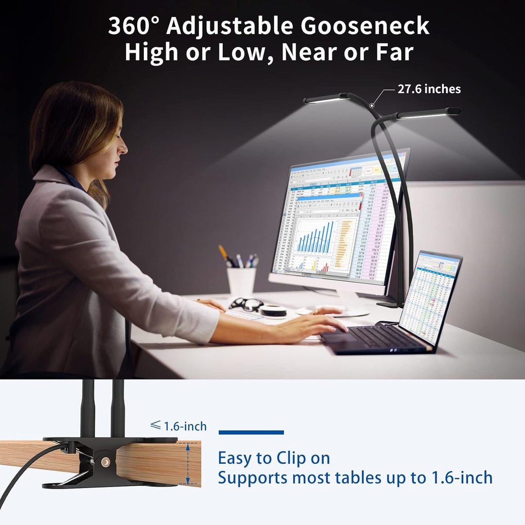 Verstelbare klem bureaulamp met 70cm flexibele hals voor optimale lichtpositie. Energiezuinige leeslamp.