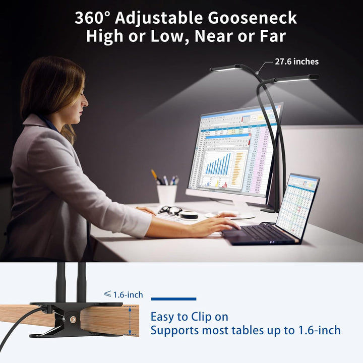 Verstelbare klem bureaulamp met 70cm flexibele hals voor optimale lichtpositie. Energiezuinige leeslamp.